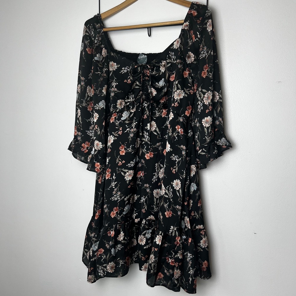 Arula Black Floral Mini Dress Square Neck Smocked Back Ruffle Long Sleeve XL (X)